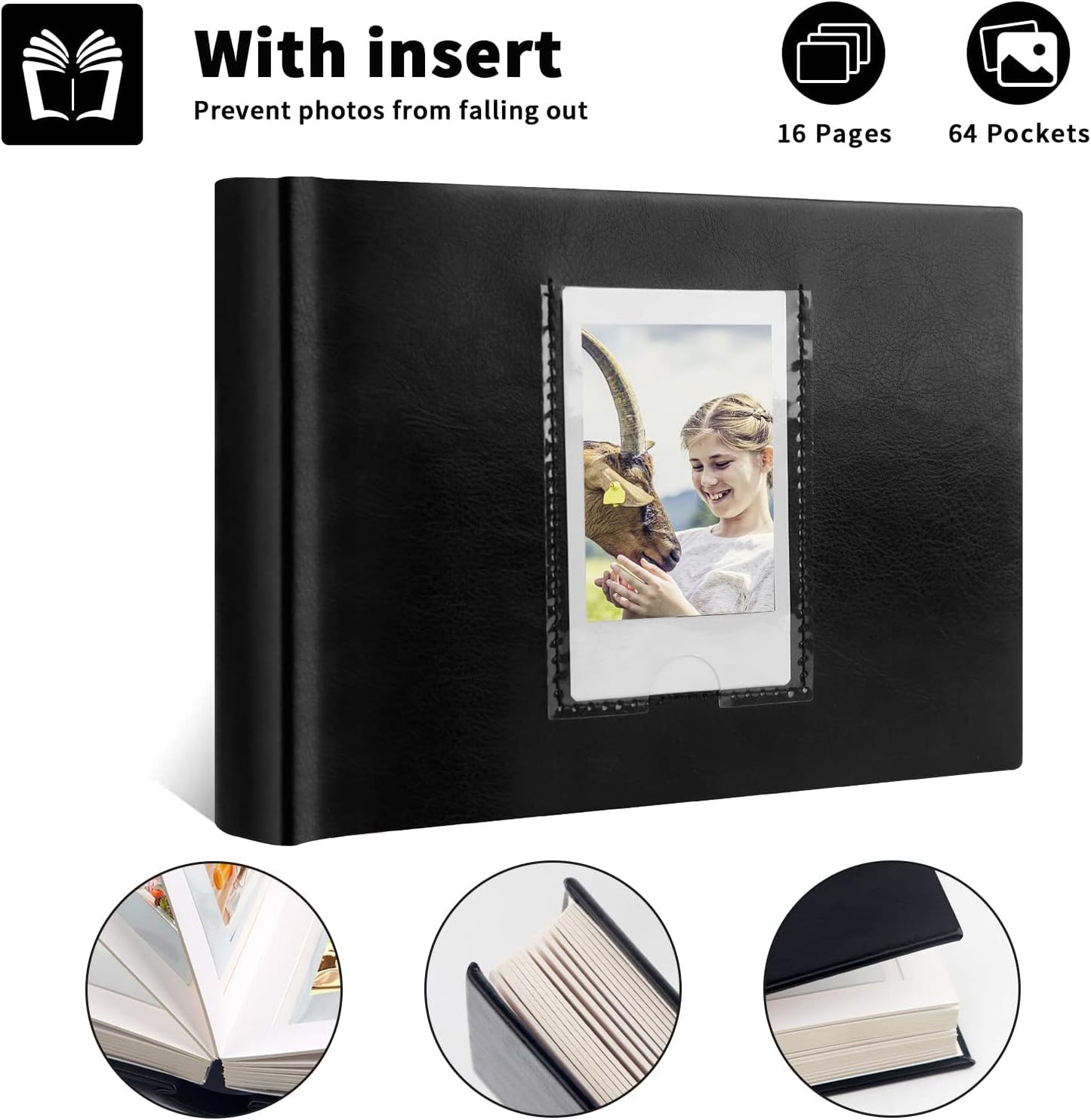 64 Pocket Mini Photo Album with Writing Space,Faux Leather Cover, Compatible with 2x3 Inch Polaroid Pictures and Fujifilm Instax Mini 12 11 9 99 8 7+ 40 Evo Instant Film(Black)