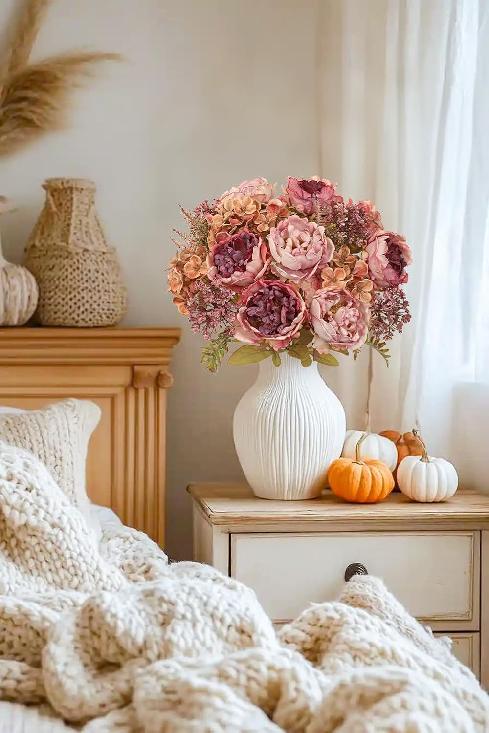 Hollyone 2Pcs Artificial Fall Flowers Bouquet 18.8" Pink Dried Peony Hydrangea Fake Fall Floral Silk Flowers Autumn Faux Flower Arrangement for Home Wedding Table Centerpieces Thanksgiving Party Decor