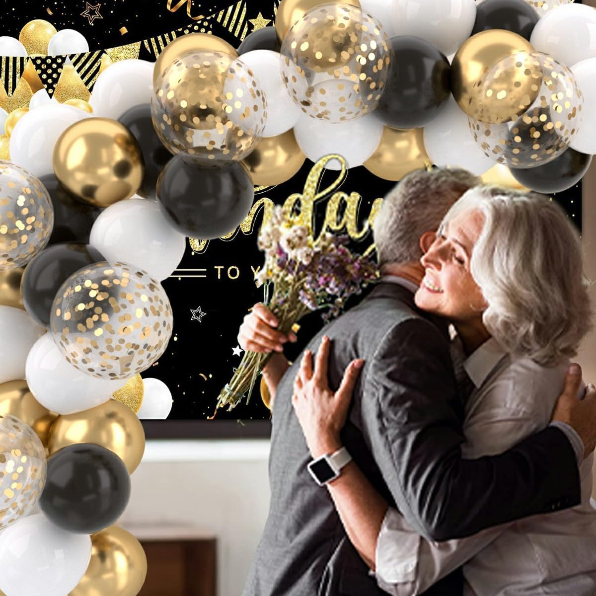 Patimate Black Gold Confetti Balloons Set, 50 pcs 12 inch Metallic Gold Black White Confetti Latex Balloons Kit for Birthday Wedding Graduation New Years Anniversary Party Decorations