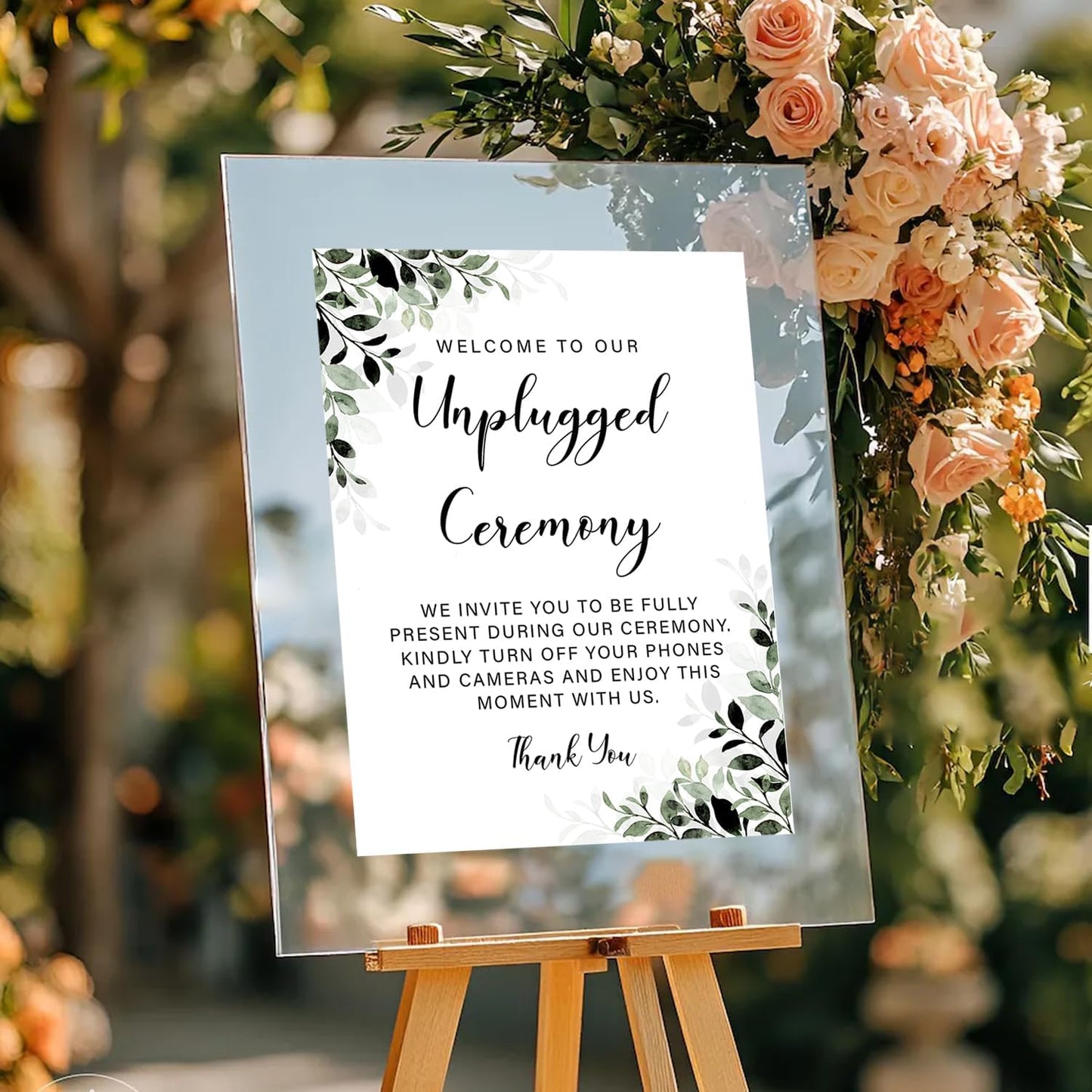 Unplugged Ceremony Wedding Sign – Elegant Greenery Design for Outdoor Weddings – Turn Off Phones & Cameras – Rustic Floral Yard Sign