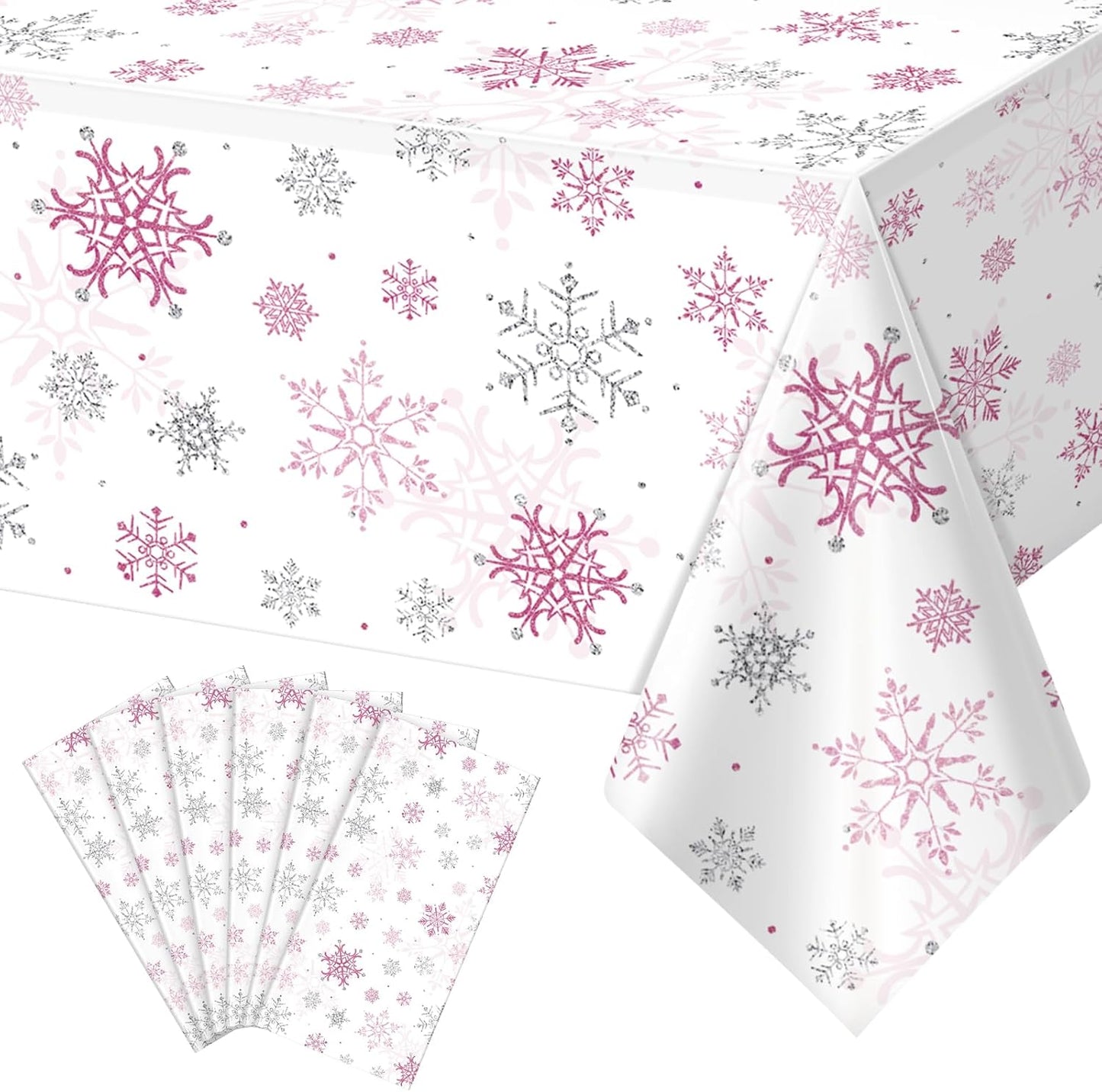 6 Pcs Christmas Snowflake Party Tablecloths Decorations,Plastic Pink Winter Onederland Rectangle Table Cover for Christmas New Year Girls 1st Birthday Baby Shower Holiday Party Decorations,54x108 inch