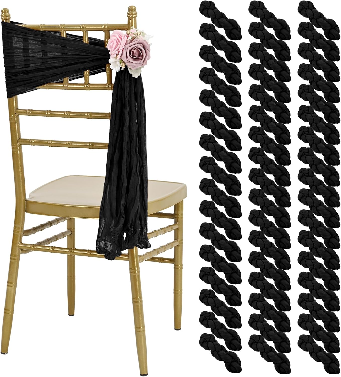 50 PCS Cheesecloth Chair Sashes, Bows Designed ChairSashes, 15.7x70 inch Chair Sashes for Aisle Decorations Universal Chairs Cover Decoration for Wedding Reception Party Banquet (Black)