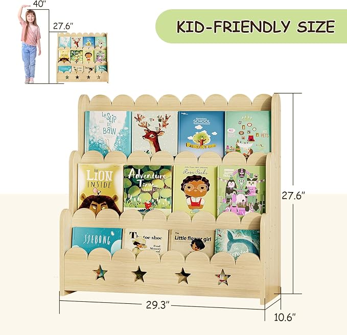 EXPERLAM Scalloped Kids Bookshelf, 3-Tier Front Facing Toddler Bookshelf - Image 2