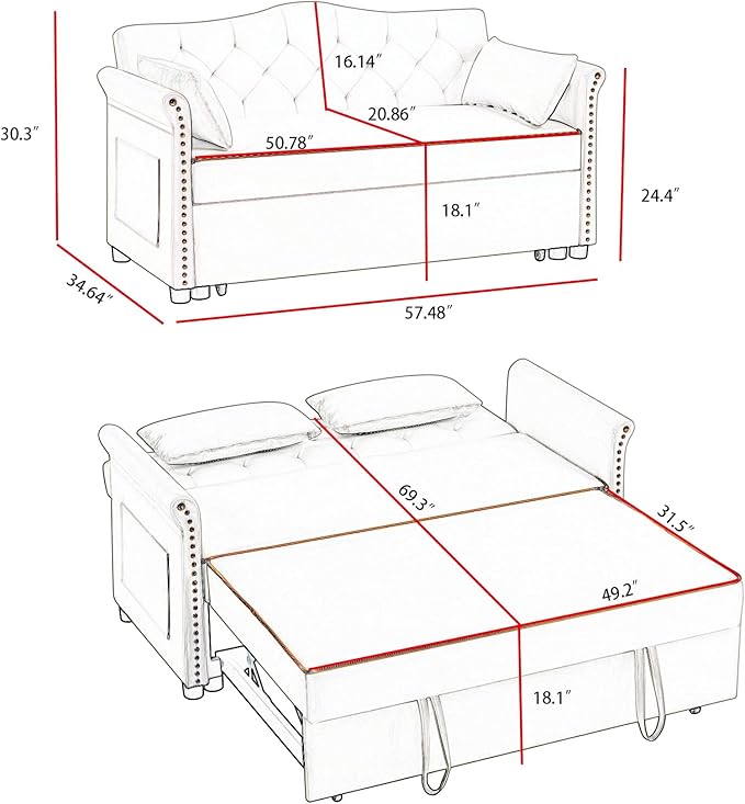 hansones 65'' 3-in-1 Folding Sofa Bed – Queen Size Pullout, Modern Chenille - Image 2