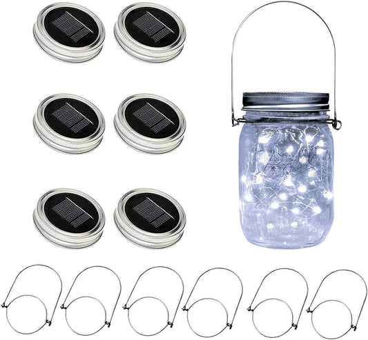 VOOKRY 6 Pack Solar Mason Jar Lights, 30 LED Mason Jar Lids Waterproof Firefly Fairy String Lights with 6 Hangers(No Jars), for Outdoor Patio Garden Yard Lawn Party Wedding Decoration - Cool White