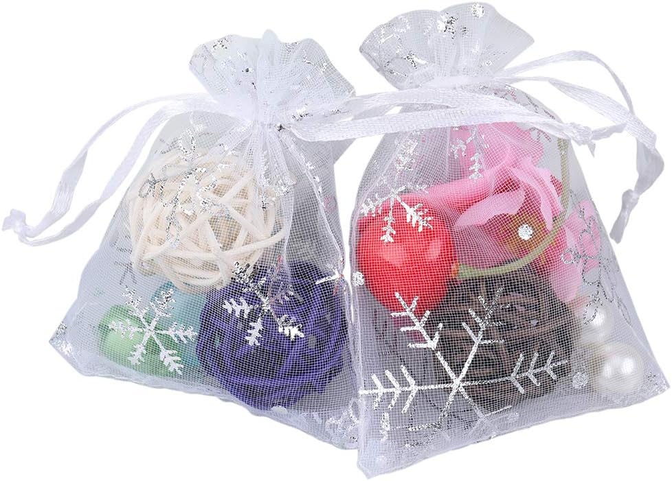jijAcraft 3x4 Inch White Christmas Organza Bags - 100Pcs Small Snowflake Bag, Xmas Drawstring Mesh Gift Pouches for Gift, Party Favors, Candy