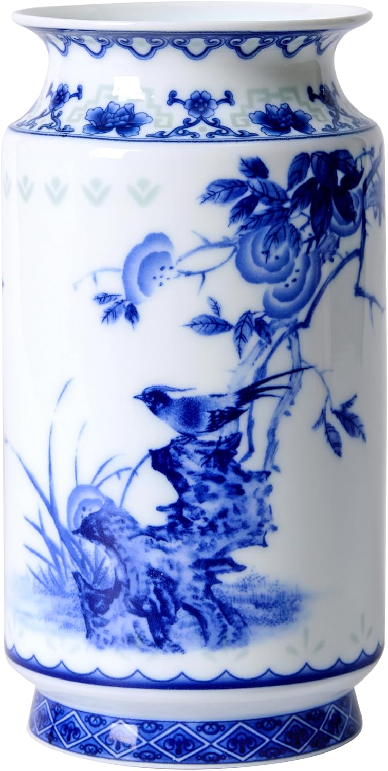 Blue and White Vintage Vase Chinoiserie Farmhouse Decorative Vases Flower Terracotta pots for Tableshelf Bookshelf Bathroom Living Room Kitchen 8.3inch