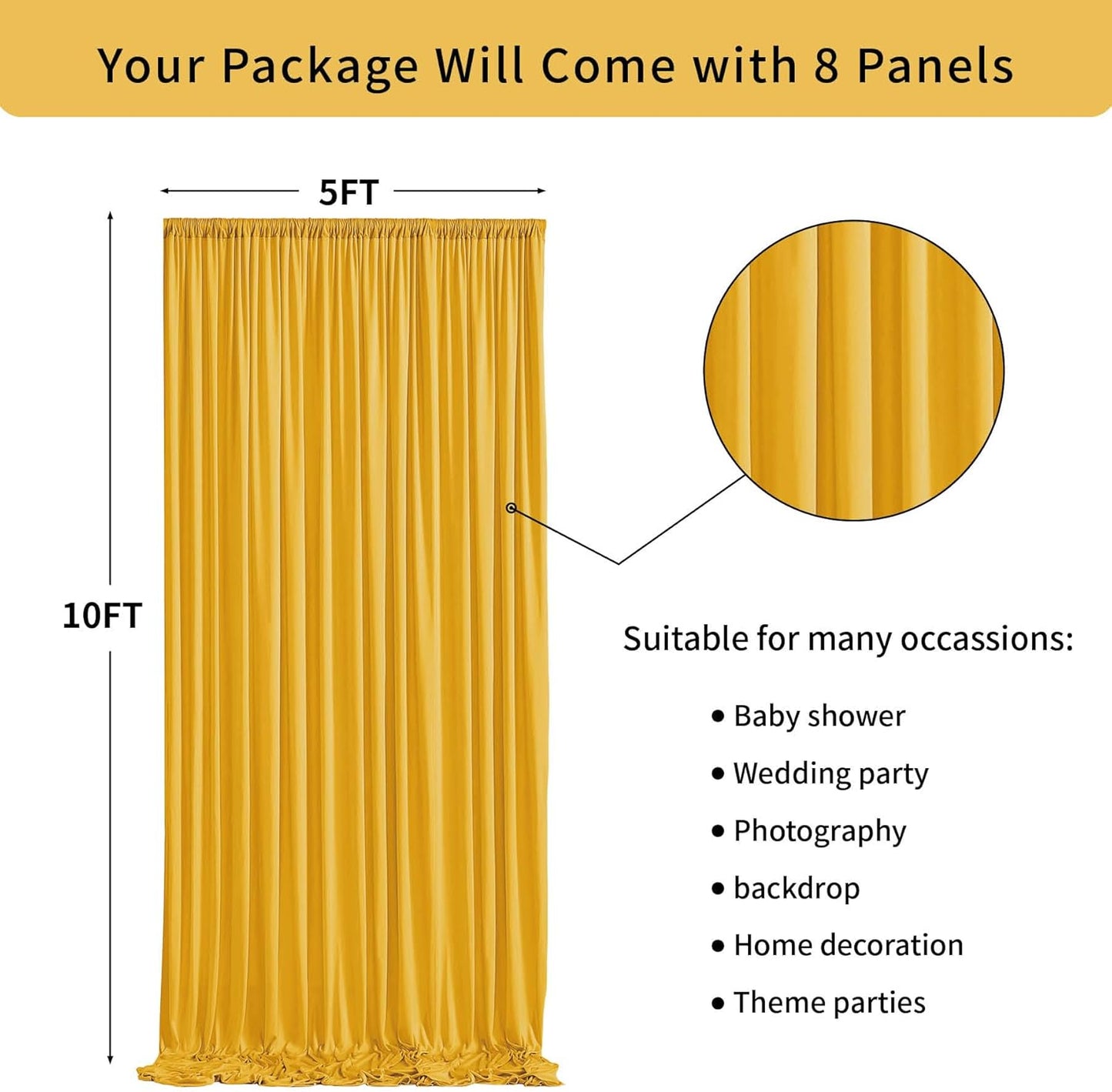 40 ft x 10 ft Wrinkle Free Yellow Backdrop Curtain for Parties, Ginger Polyester Photo Backdrop Drapes,Thick Background 8 Panels 5ft x 10ft for Baby Shower Wedding Birthday Party Backdrop Stand