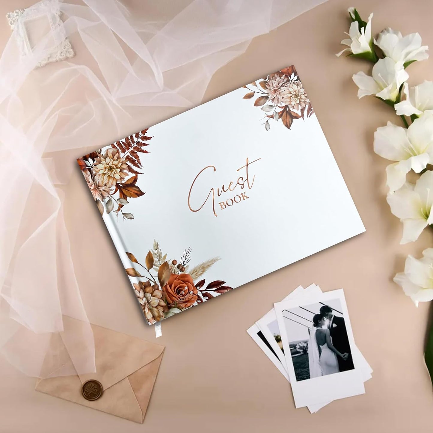 Mr&MrsGifts Elegant Wedding Guest Book Wedding Reception Hard Cover Guest Sign in Book for Wedding, Bridal and Baby Shower(Flower)