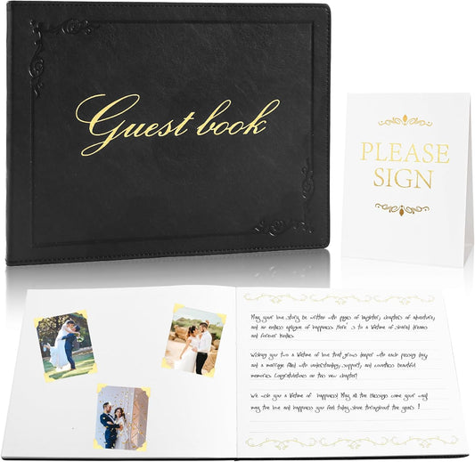 8x10 Leather Guest Book and Standup Sign Set, Gold Foiled Cover Registry Book for Wedding Reception, Retirement Party, Vacation Homes and Events, 120 Pages (Black)
