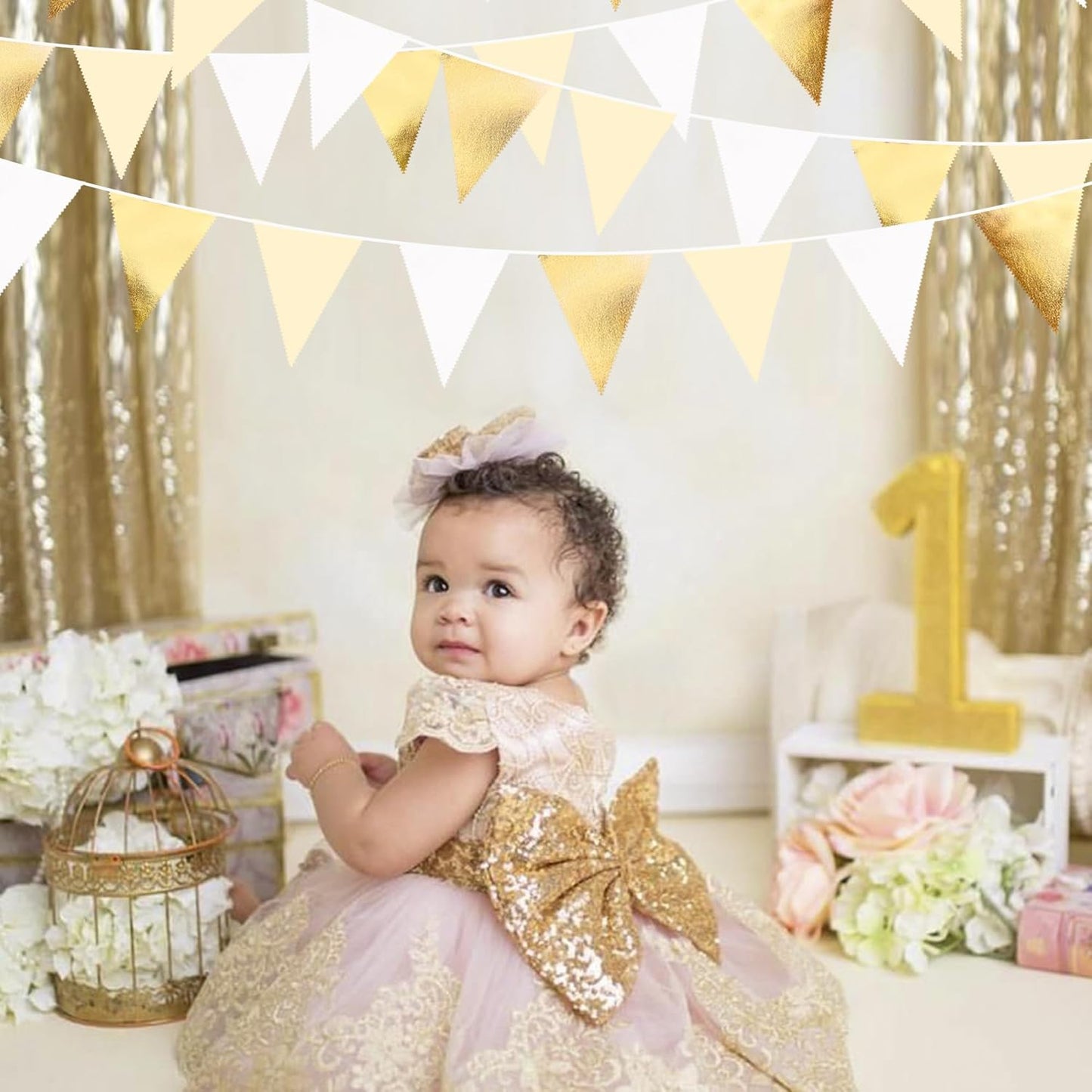 White and Gold Party Decorations Gold Beige White Fabric Triangle Pennant Banner Flag Bunting Garland for Graduation Wedding Birthday Bridal Shower Anniversary Engagement Baptism Party Supplies