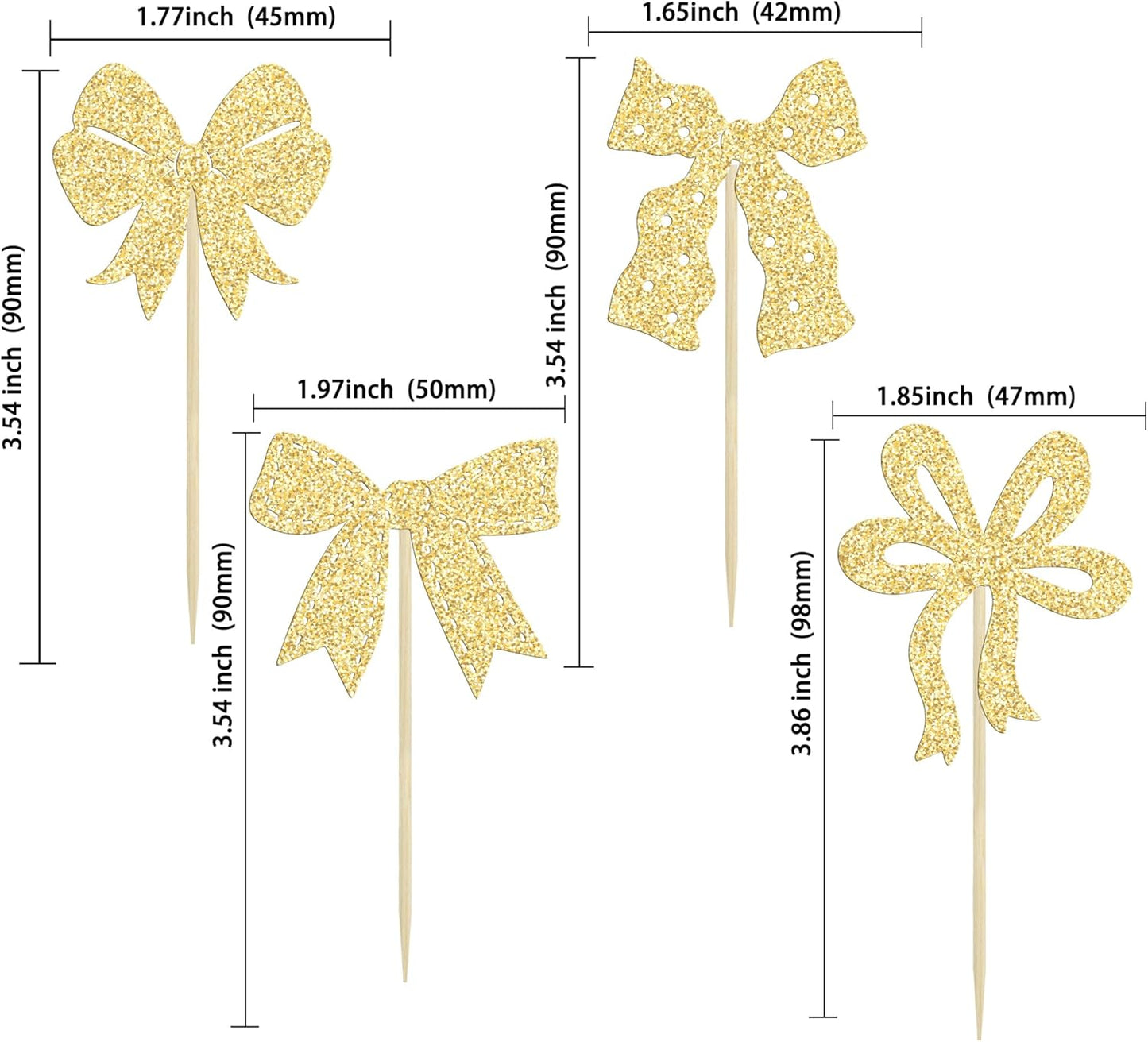 Ephlyn 24Pcs Bow Cupcake Toppers Bow Birthday Cake Topper Girls Birthday Party Decorations Bowknot Cupcake Decorations for Bridal Baby Shower Birthday Wedding Themed Party Gold