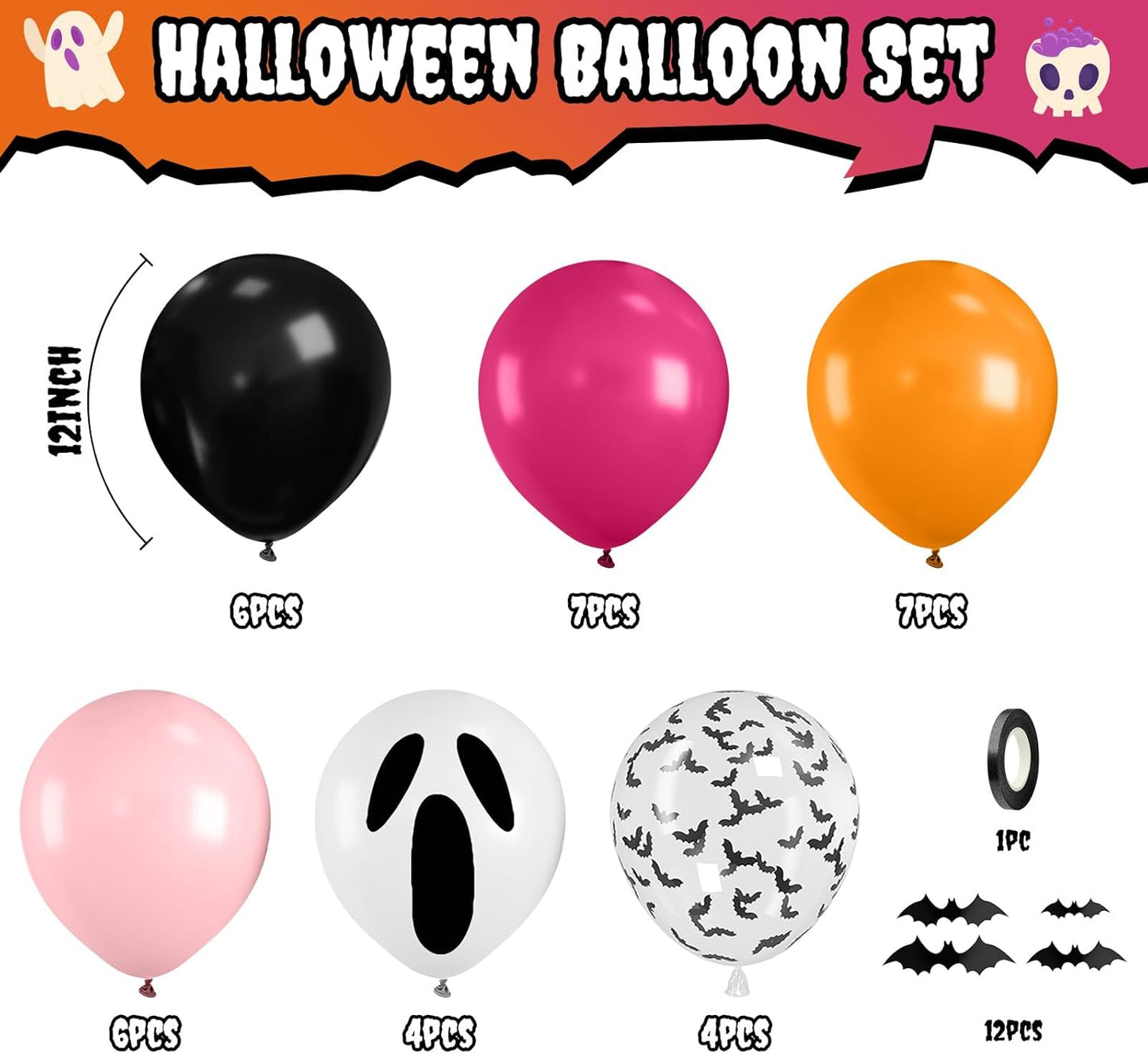 Orange Pink Halloween Balloons, 12 Inch Ghost Balloons, Black Orange and Hot Pink Latex Balloon with Bat Sticker, Bat Print Balloon for Kids Girls Birthday Ghost Theme Halloween Party Decorations