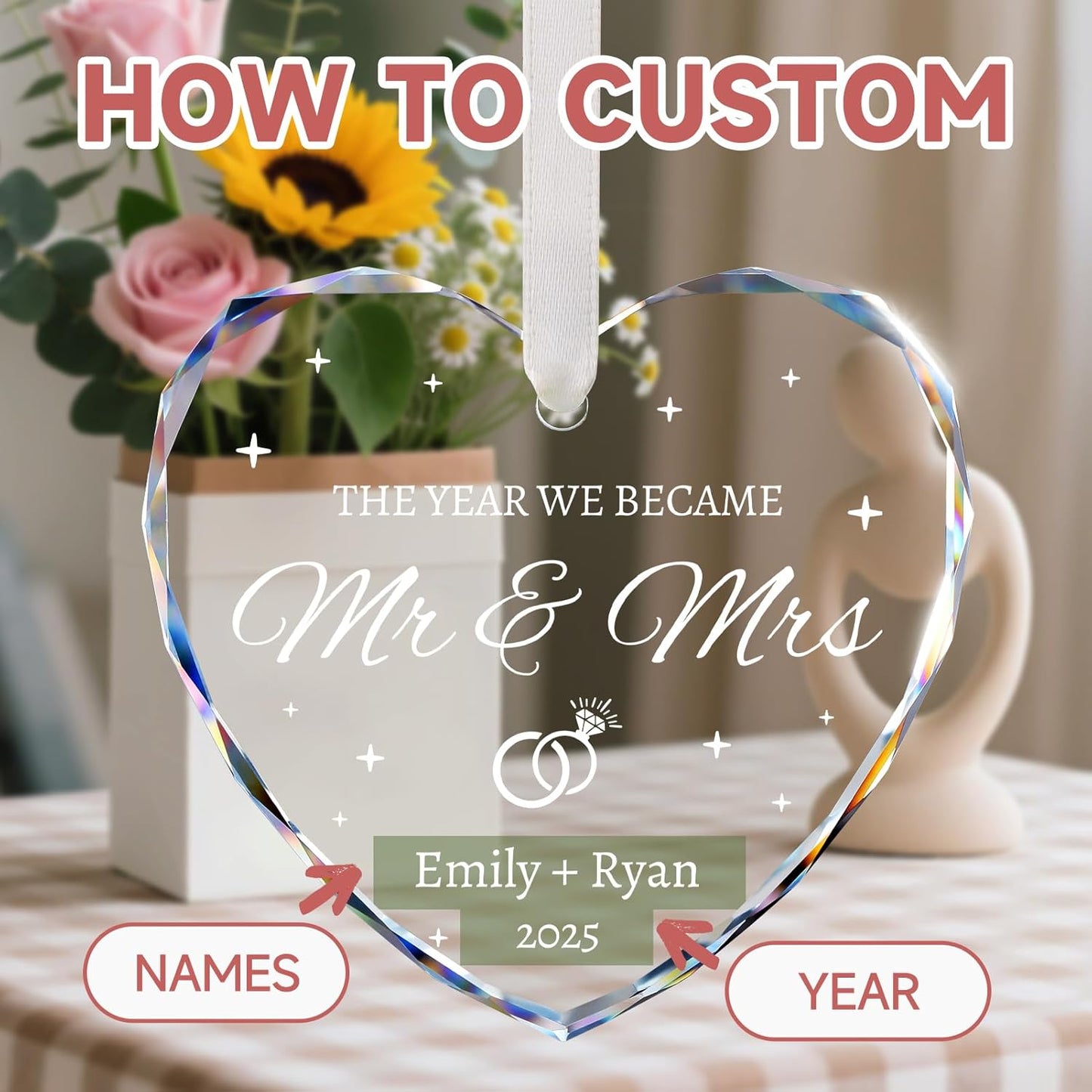 Personalized Wedding Gifts - Mr and Mrs Ornament 2025 - Bridal Shower Gifts, Just Married Gift for Bride, Newlywed, Couple, Her - Crystal First Christmas Married Ornament 2025