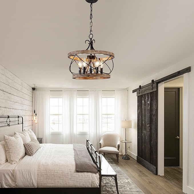 15.7" Farmhouse Chandelier, 5-Light Rustic Drum Chandelier Light Fixture Over - Image 2