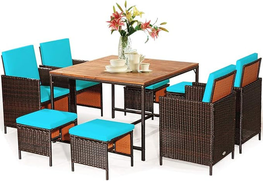 Tangkula 9 Pieces Acacia Wood Patio Dining Set, Space Saving Wicker Chairs and by TANGKULA