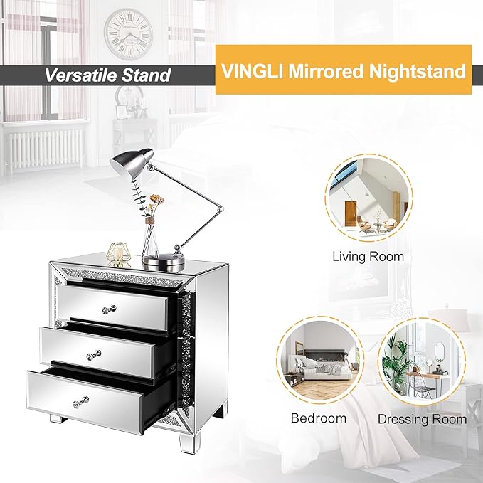 VINGLI Mirrored Nightstands Set of 2, Modern Bedside Table 3 Drawer Glass Side - Image 8