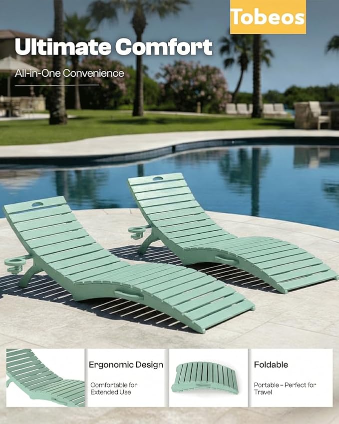 Folding HDPE Pool Lounge Chairs Set of 6, Pre-Assembled Outdoor Chaise Lounge - Image 4