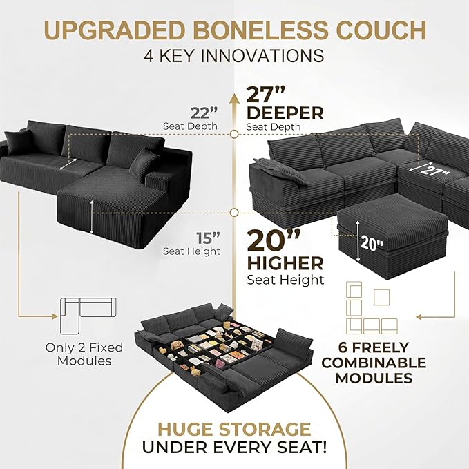 Upgrade Boneless Couch with Storage, Extra Deep&High Seat Modular Sectional - Image 6