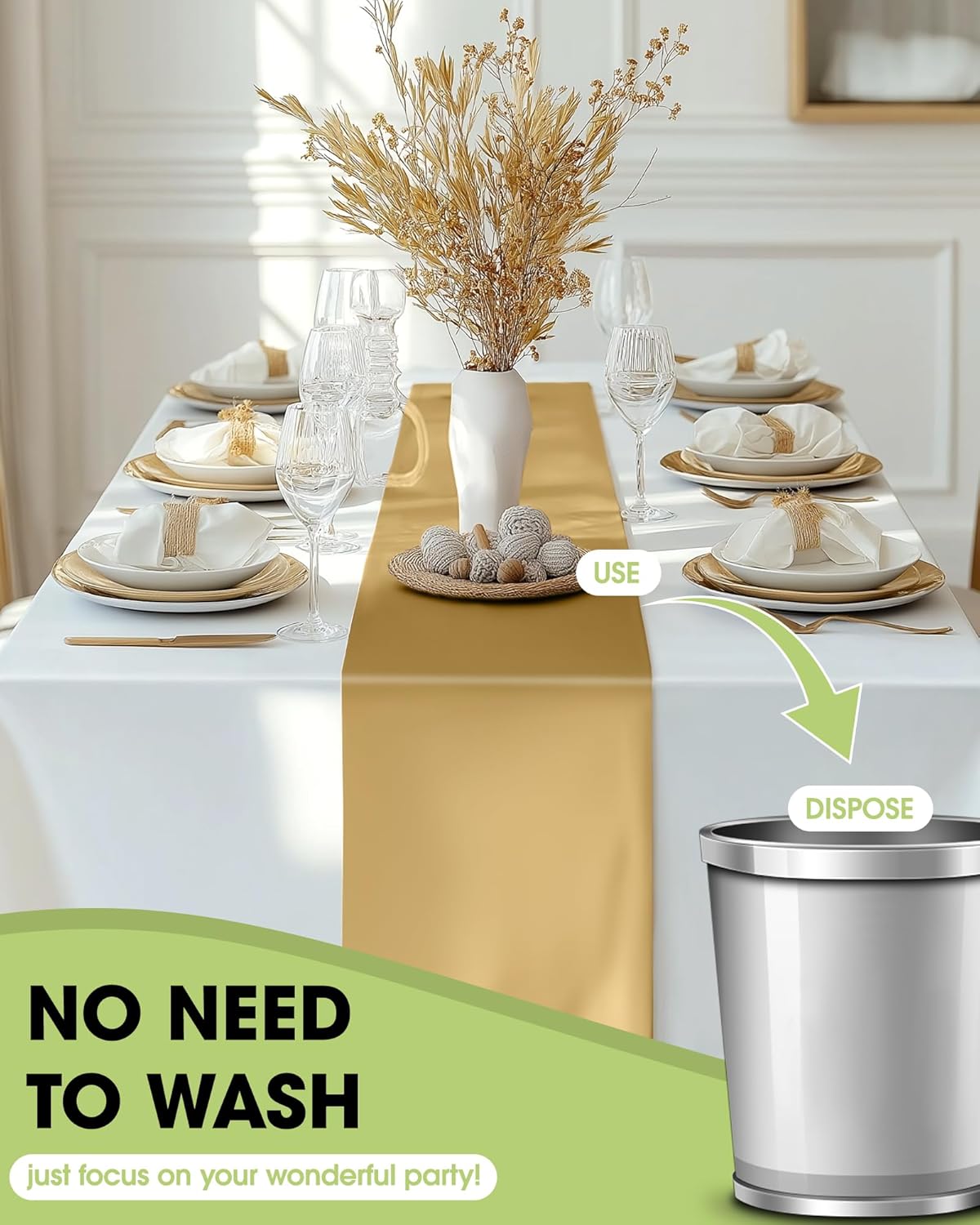 Pureegg Gold Plastic Table Runners - 10 Pack, 14'' x 108'', Water Resistant & Disposable Centerpiece Decorations for Table Cloth, Wedding, Birthday, Holiday, Baby Shower, Party, Home Decor