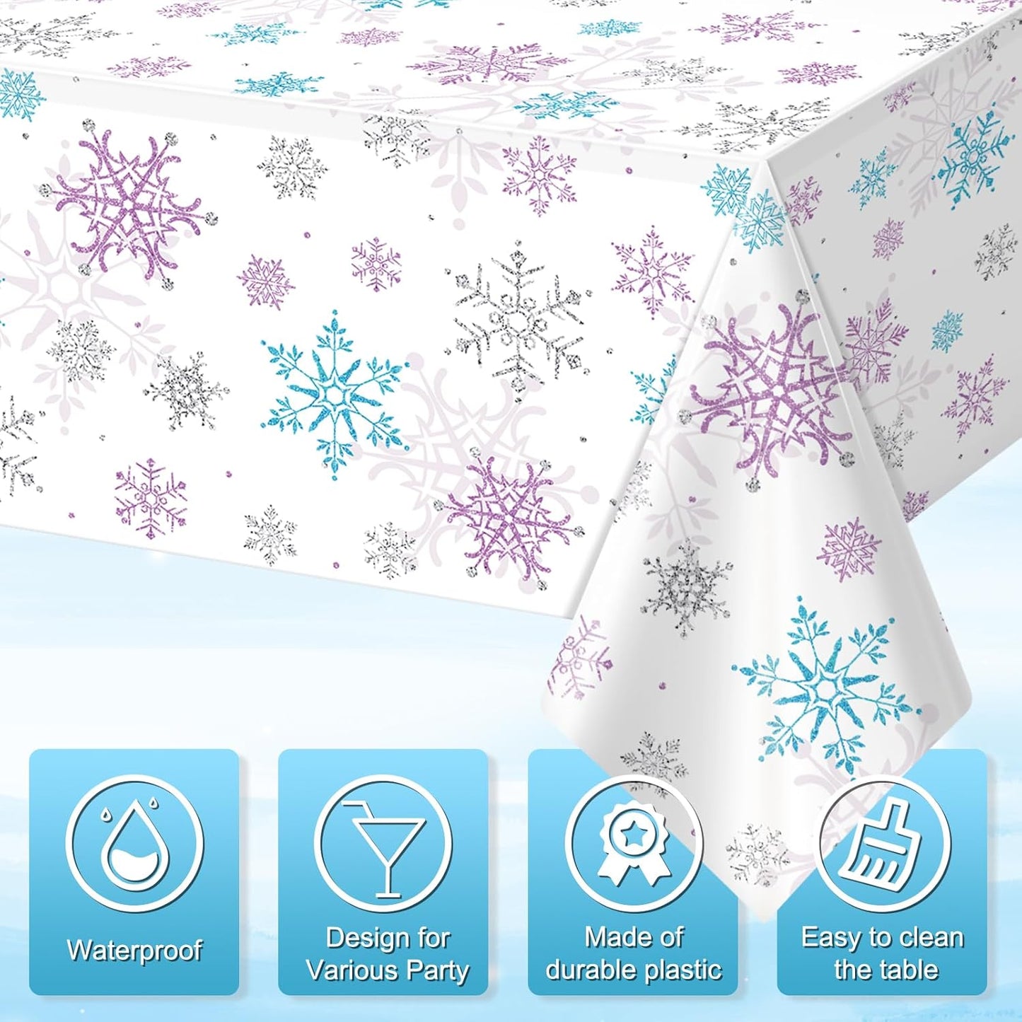 3 Pieces Christmas Snowflake Party Tablecloth Decorations,Plastic Purple and Blue Winter Wonderland Table Cover for Winter Christmas Birthday Holiday Party Decorations and Supplies,54x108 inch