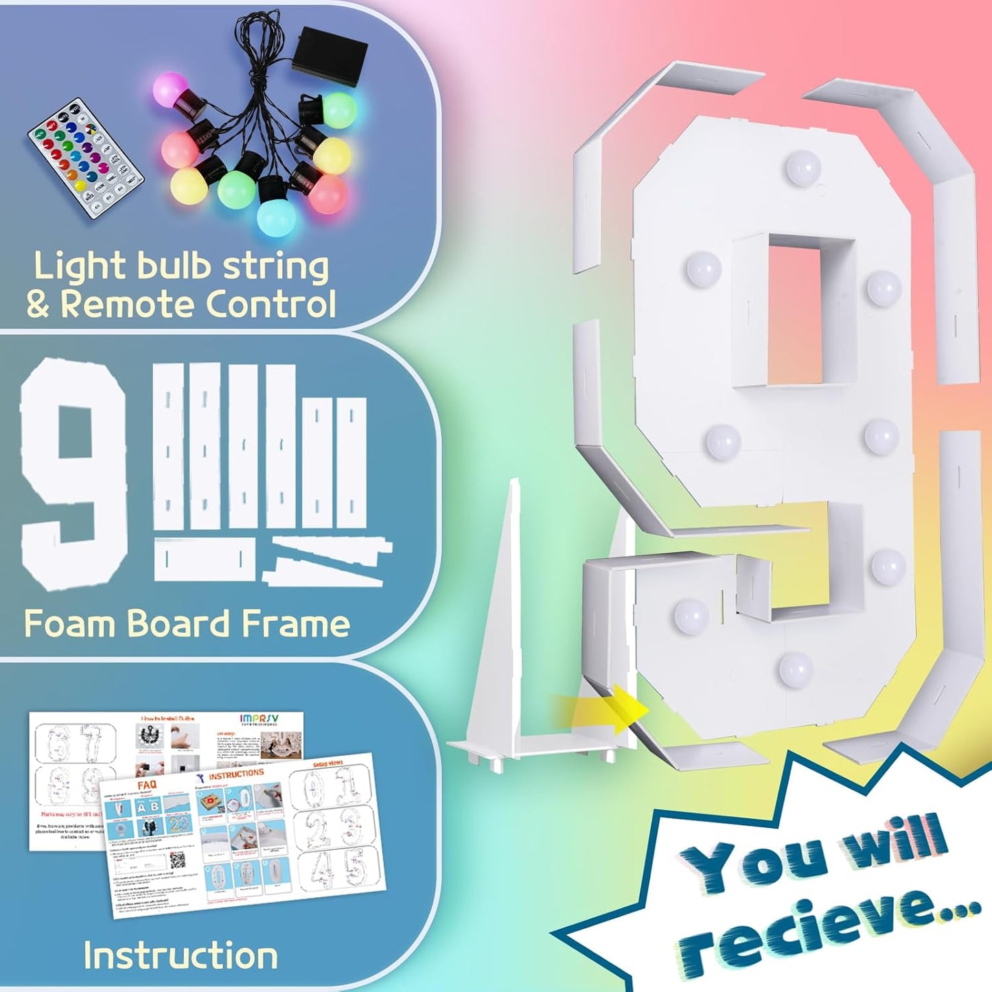 imprsv 3FT Colorful Marquee Numbers,18 Colors Number 9 with Remote, Light Up Numbers Sign for 3rd Birthday Decorations Anniversary Party Decor, Pre-Cut Foam Board Kit, Mosaic Sign for Balloon