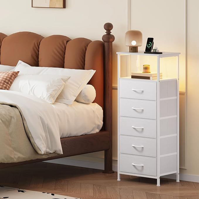 Somdot White Nightstand with Charging Station and LED Light - Image 2