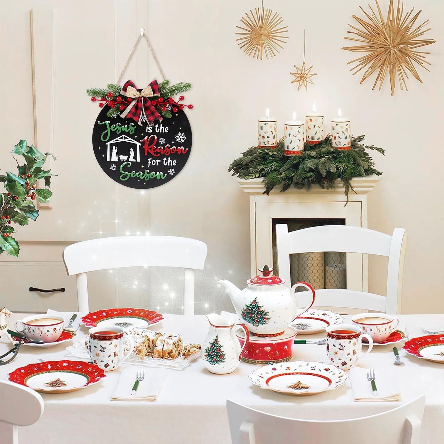 CHDITB Jesus is The Reason for The Season Front Door Sign Wreath(11.4"), Red Green Christmas Decoration Wall Hanging with Snowflakes Bow Berries, Wooden 3D Farmhouse Xmas Decor for Porch Indoor