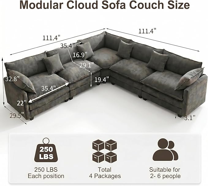 111.4" V-Shaped Corner Couch Sectional｜5 Seat Customizable Modular Cloud - Image 2