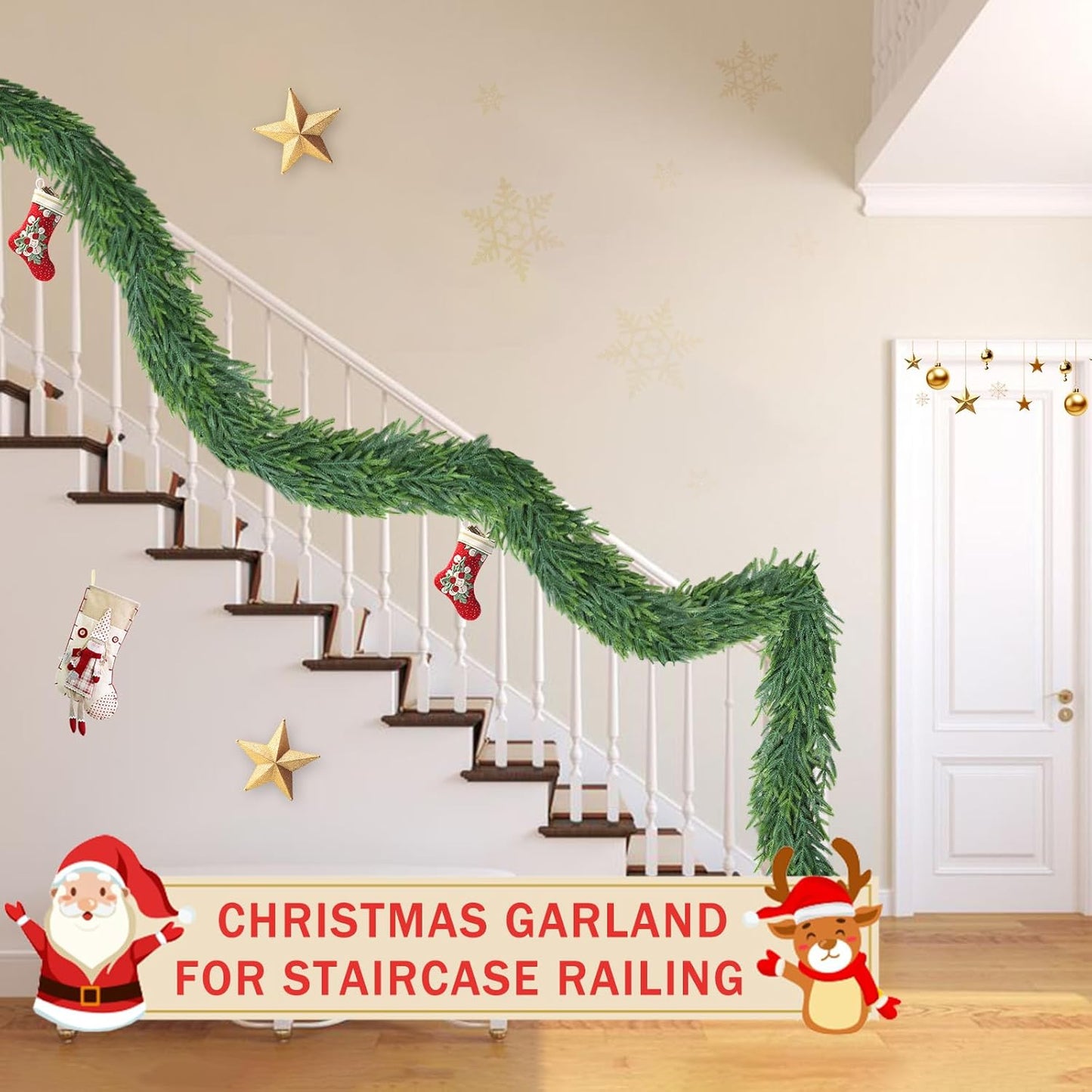 9 Ft Christmas Cedar Garland for Staircase Railing Real Touch Soft Bendable Faux Winter Xmas Greenery Pine Garlands Mantle Garland for Decoration for Table Fireplace Door Railing Wall Home Decor