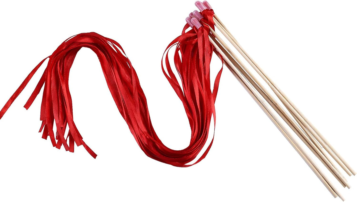 100PCS Ribbon Stick Wands Wedding Streamers with Silk Fairy Stick Wand for Wedding Party Baby Shower Send Off Party Activities Holiday Celebration Favors (Red-100PCS)