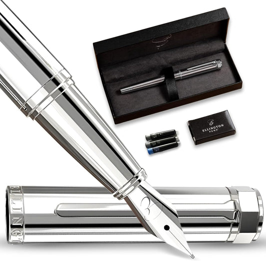 Ellington Pens Luxury Fountain Pen Set- Fountain Pens for Writing - Smooth Extra Fine Nib - Includes Refillable Ink Converter, 3 Ink Cartridges [Black & Blue], Gift Box - Elegant Calligraphy