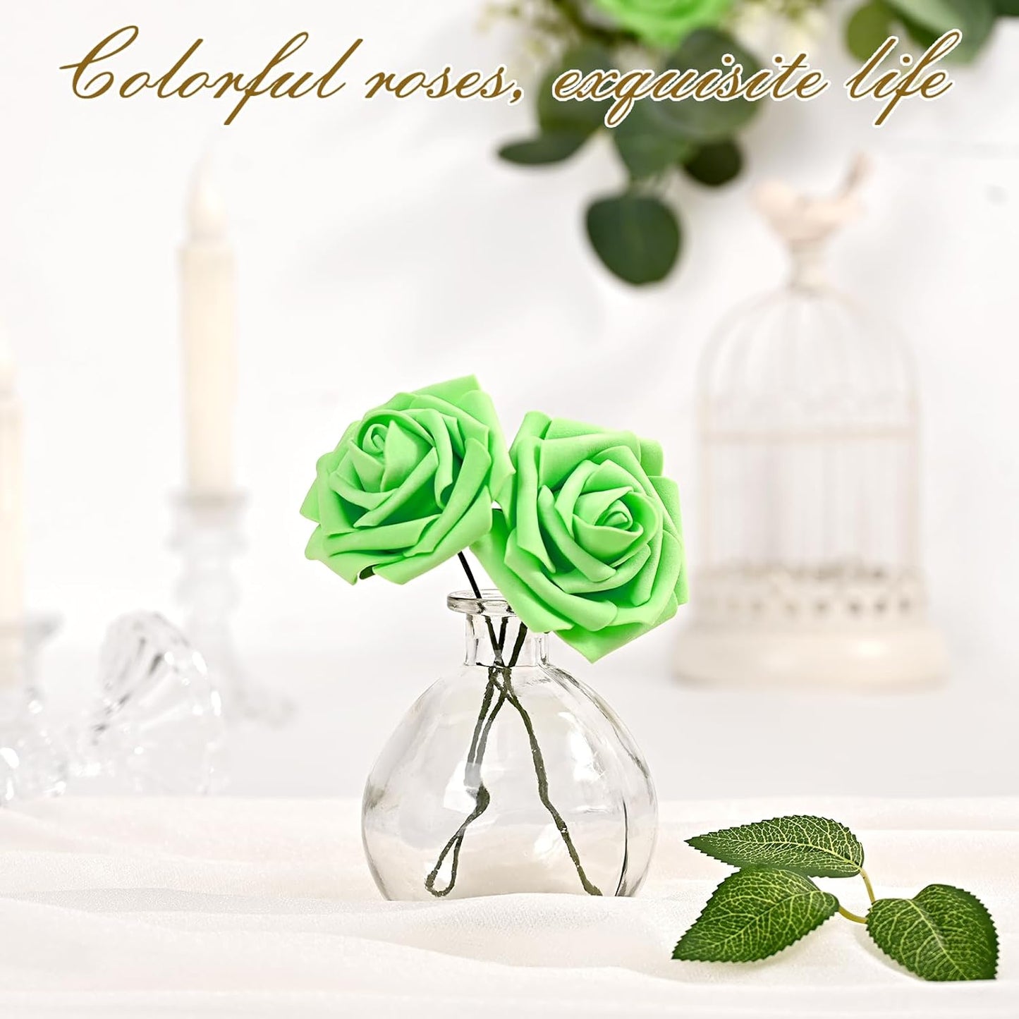 BLEUM CADE 16Pcs Artificial Flowers Fake Roses with Stems, Bright Green Boxed Foam Roses for DIY Bouquets Centerpieces Wedding Party Arrangement Bridal Shower Decor