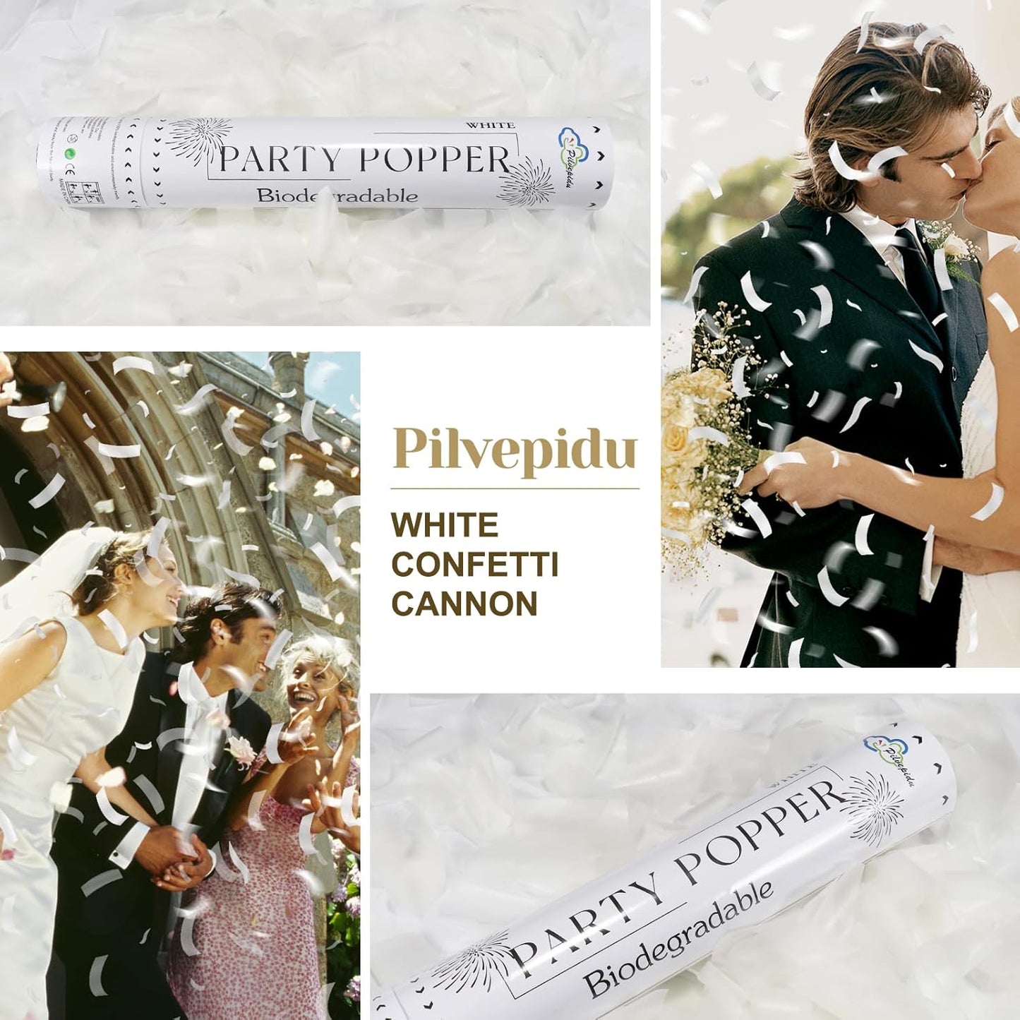 White Confetti Poppers,Rice Paper For Wedding,Biodegradable Cannon,6Pack Biodegradable Confetti Party Shooters Air Power, Party For Lawns Wedding,Birthday,Outdoor Celebrations