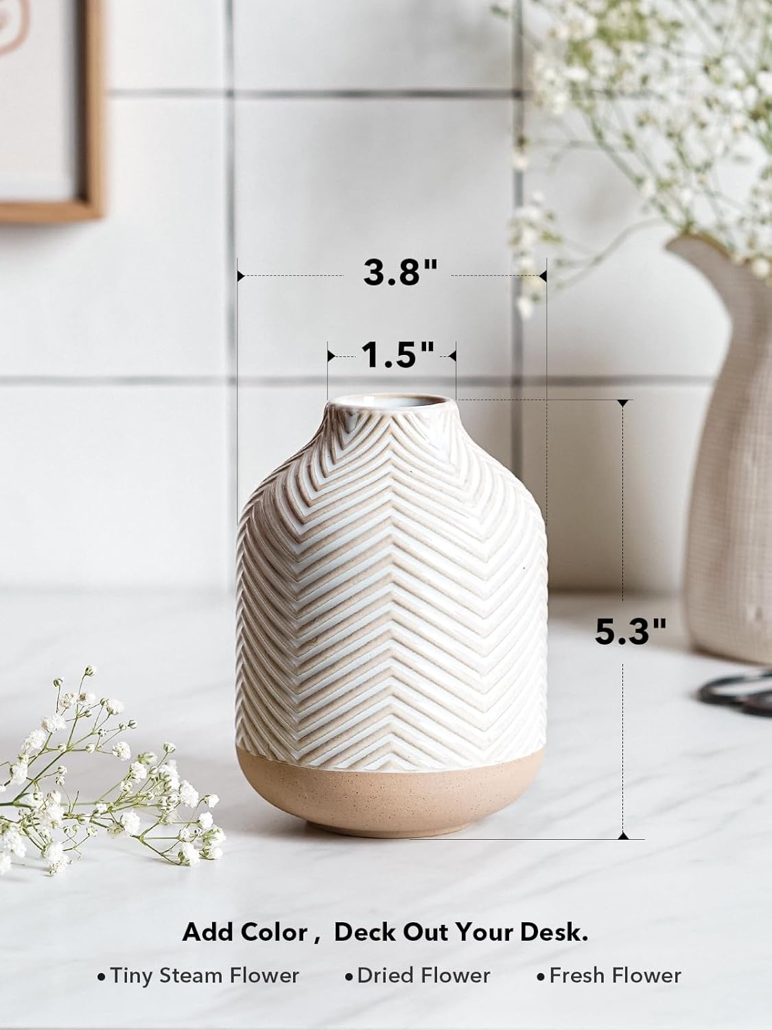 Small Boho Vase for Decor,Rustic Farmhouse Vase for Pampas Grass,Eucalyptus Set and Tiny Stem Flowers,Ceramic for Centerpieces, 5.3 Inch,Wave-Arctic White