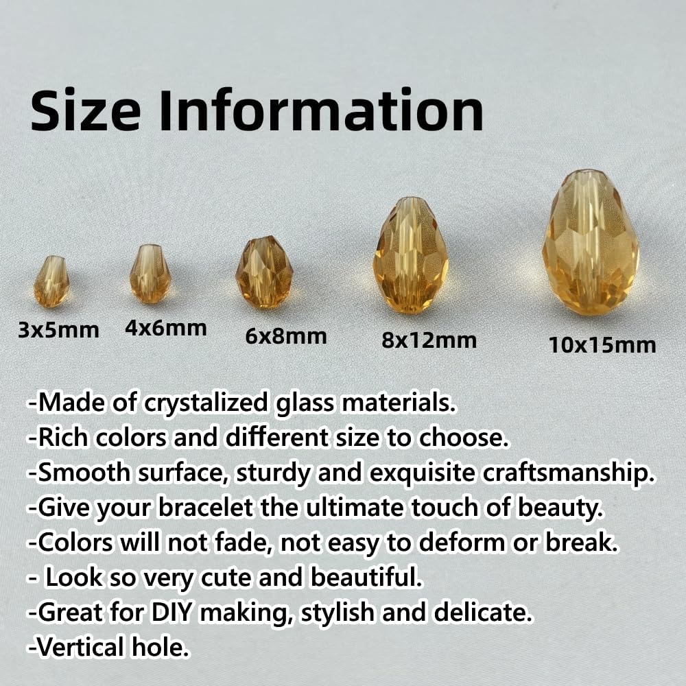 100pcs 8x12mm Teardrop Crystal Glass Beads for Jewelry Making, Faceted Vertical Hole Teardrop Glass Spacer Beads for Wind Chimes Bracelet Earring Necklace DIY Craft(Gold Champagne)