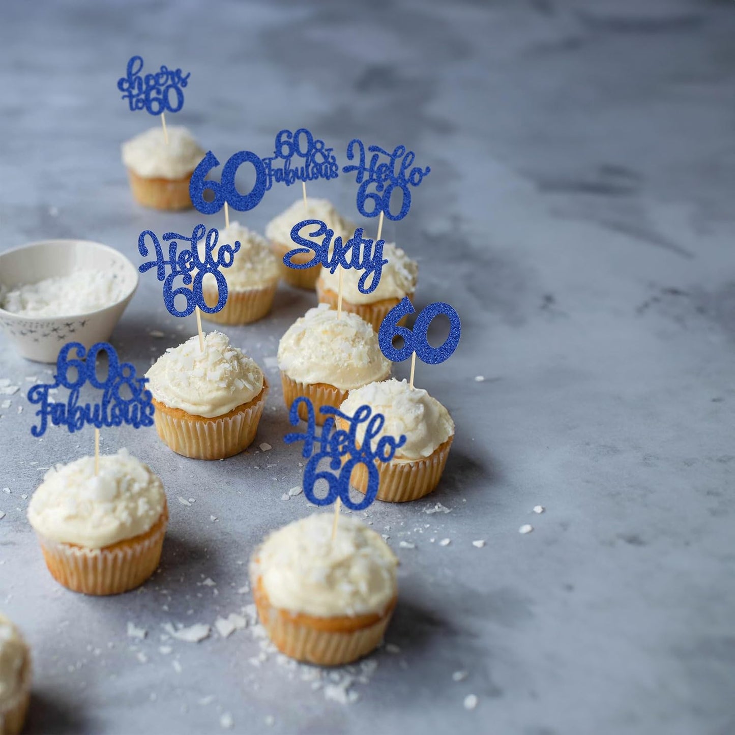 30Pcs Happy 60th Birthday Cupcake Toppers Deep Blue Glitter Sixty Cake Toppers Cheers to 60 Years Old Birthday Cupcake Picks for 60th Birthday Anniversary Party Cake Decorations Supplies
