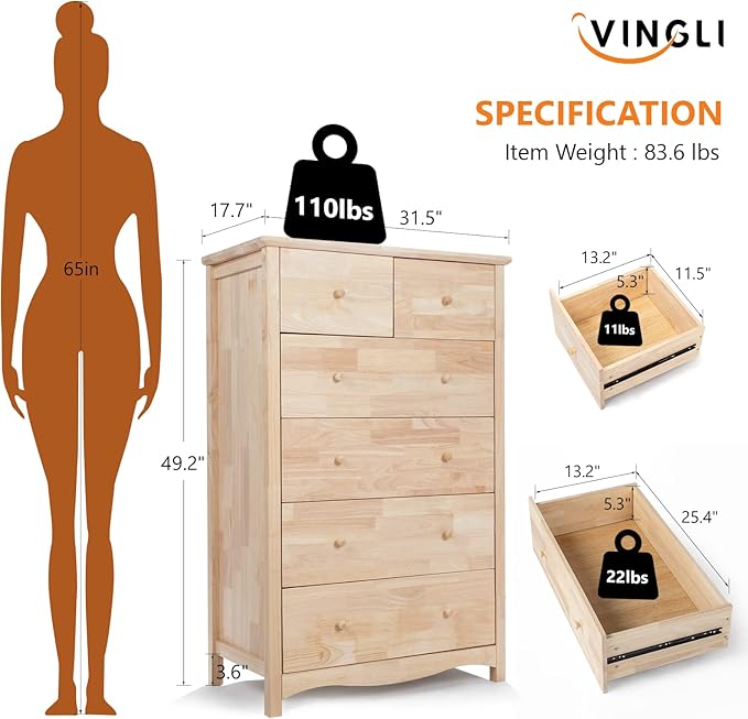 VINGLI Unfinished 6 Drawer Dresser, Natural Solid Wood Dresser Color DIY - Image 2