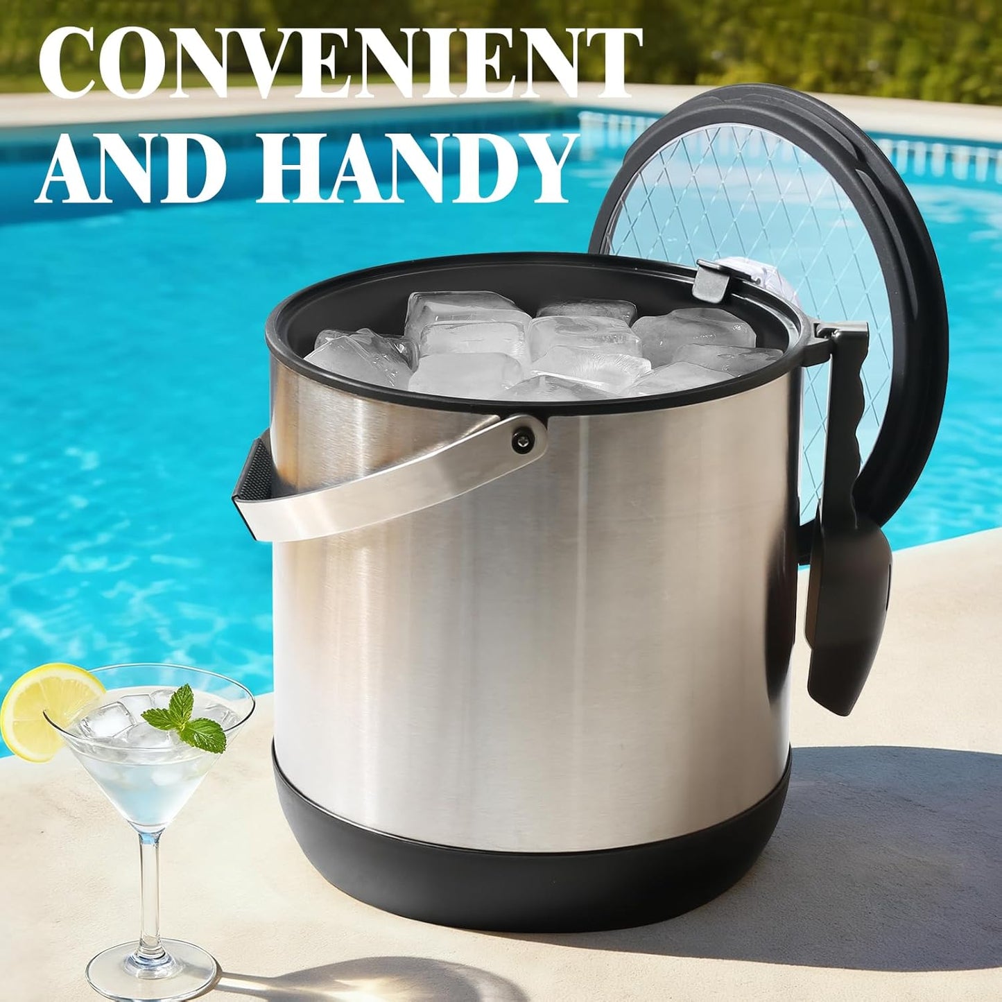 7QT/6.8LDouble-Wall Insulated Ice Bucket with Scoop & Lid, Large Capacity Stainless Steel Beverage Bucket for Party Cocktail Bar, Champagnes (Black)
