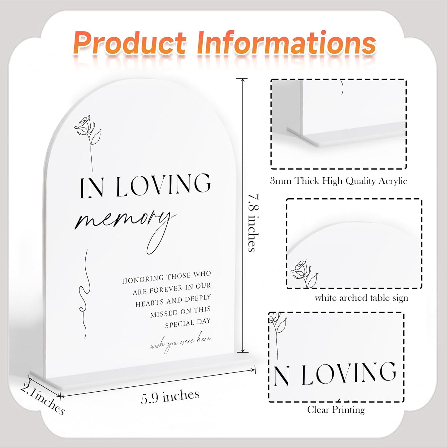 In Loving Memory Sign, White Arch Acrylic Wedding Sign, Memory Table Signs for Wedding Reception and Event Party, Bridal Shower Decor, Centerpiece Table Decorations Party-7