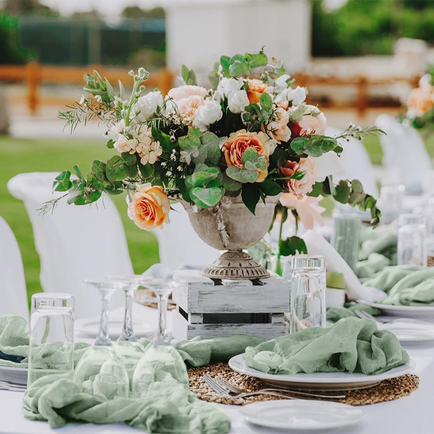 Hahuho Sage Green Cheesecloth Table Runner 10ft, Gauze Boho Rustic Table Runners for Wedding Birthday Party Baby Shower Decorations（1 Pack , 35x120 Inches）