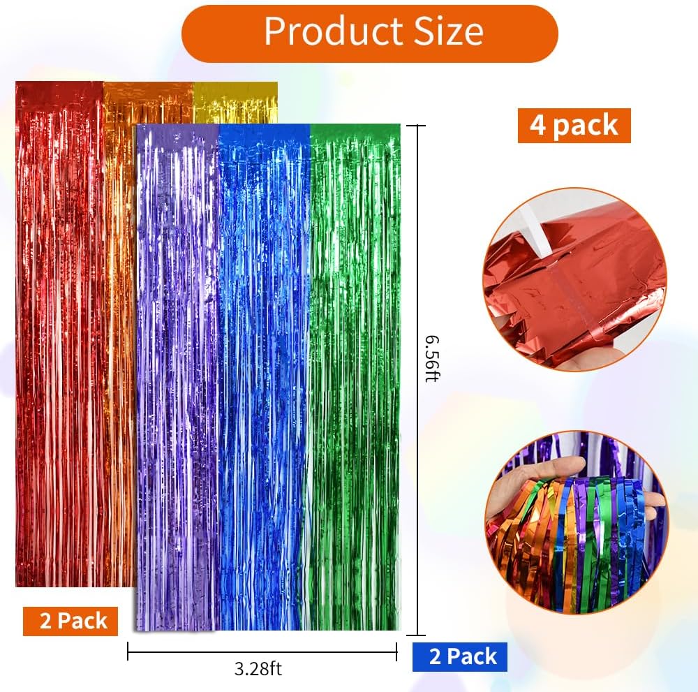 BEISHIDA 4 Pack Rainbow Streamers Fringe Foil Curtain Backdrop, Tinsel Curtain Wall Door Party Streamers for Birthday Party Decoration(3.28 ft x 6.56 ft)