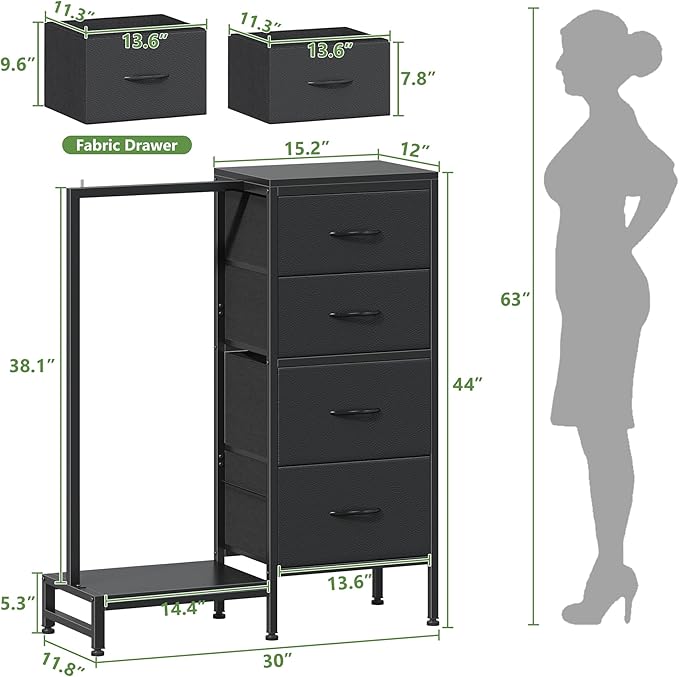 HIGDBFE Dresser with Hanging Rack, 4 Drawers Small Closet - Image 3
