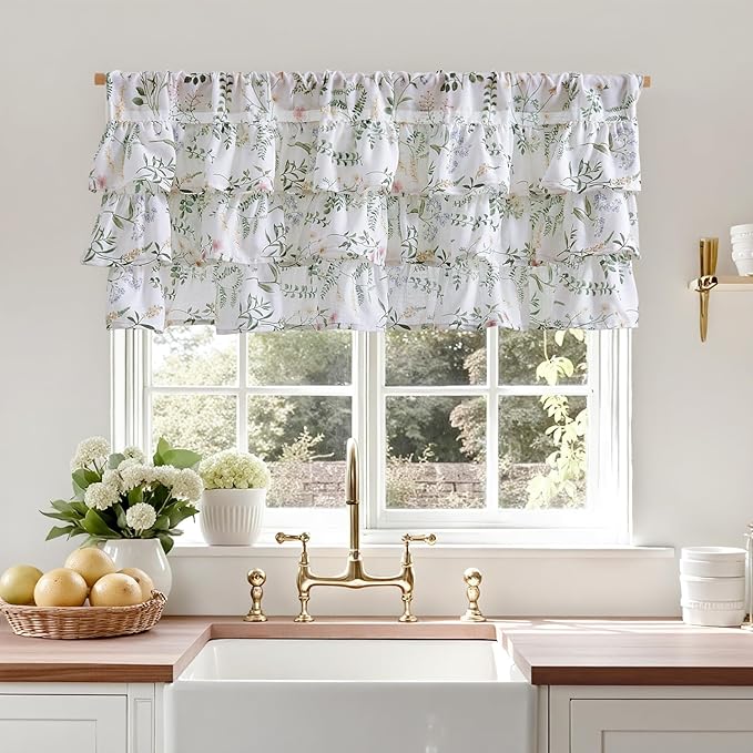 jinchan Ruffled Floral Valance Linen Shabby Chic Small Window Curtain 18 Inch - Image 2