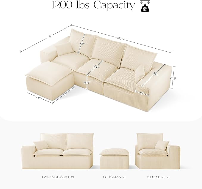 107" Comfy Cloud Couch with L-Shape Chaise & Deep Seat, Modular Sectional Sofa - Image 2