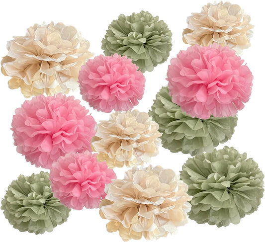 ZOOYOO Sage Green Tissue Paper Pom Poms Decorations, 12 PCS Pink Green Birthday Baby Shower Decor, Boho Neutral Wedding Bridal Shower Engagement Party Decorations