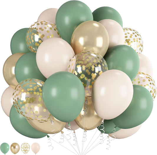 Sage Green Gold Balloons, 60 Pcs 12 Inch Olive Green White Balloons with Metallic Gold Confetti Balloon for Birthday Wedding Baby Shower Bridal Shower Engagement Anniversaries Party Decorations