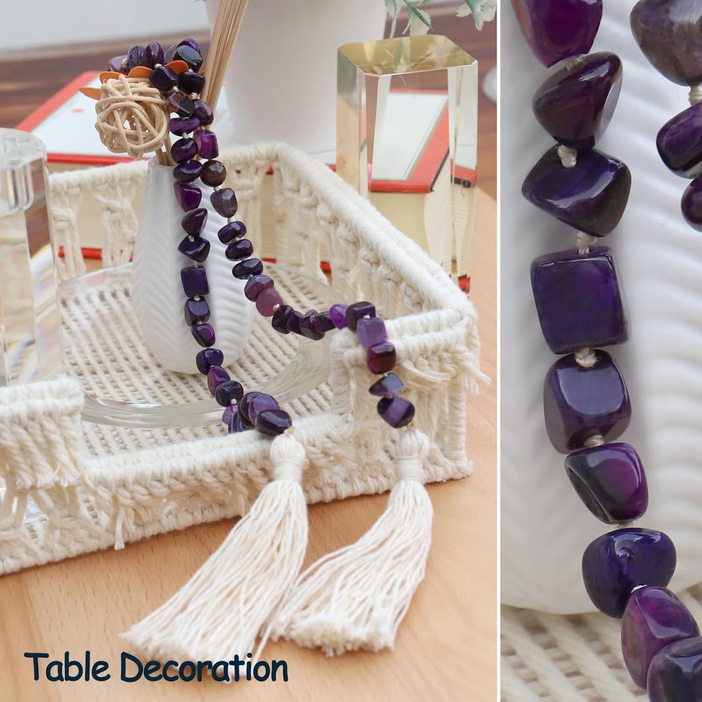 Agate Stone Hand Knotted Garland Modern Farmhouse Rustic Table Home Decor, 30inch Meditation Accessories with Tassel, Prayer Healing Beads Boho Wall Shelf Hanging Decoration (Deep Purple)