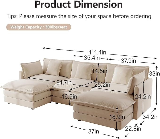 mikibama Modular Sectional Sofa, 111.5 Inch U Shaped Couch Set - Image 2
