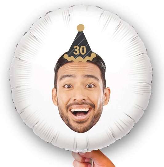 Big Dot of Happiness Personalized Adult Happy Birthday Black & Gold Cone Hat Fun Face Photo Balloon, Kids Birthday Party Decorations, Custom Double-Sided Circle Mylar, 1 Piece